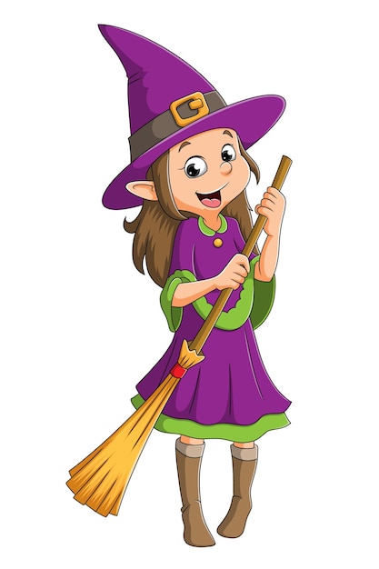 The witch girl is holding the magic broom for the halloween of illustration