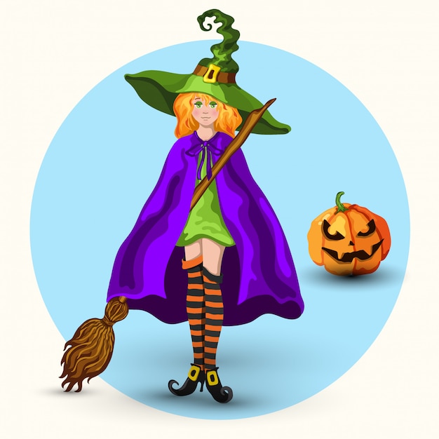 Witch in the green hat and pumpkin lantern