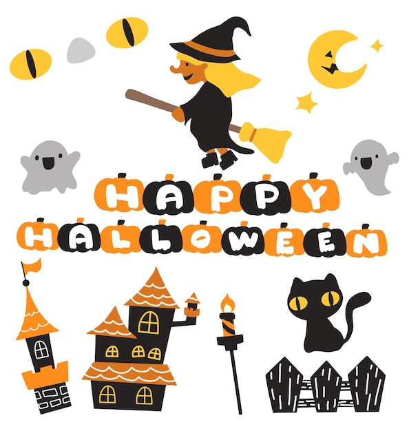 Vector witch halloween cute character and decoration vector collection