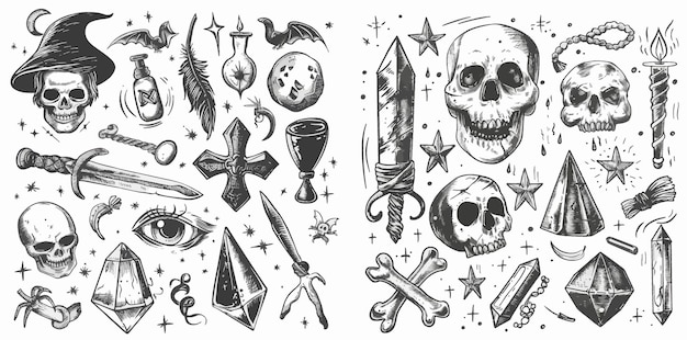 Vettore elemento magico disegnato a mano da una strega, scarabocchi, stregoneria, teschio di cristallo, coltello, tatuaggio misterioso, schizzo vettoriale, illustrazione, icone.