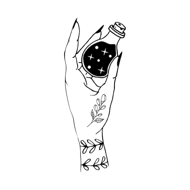 Witch hand holding potion bottle hand drawn doodle vector illustration