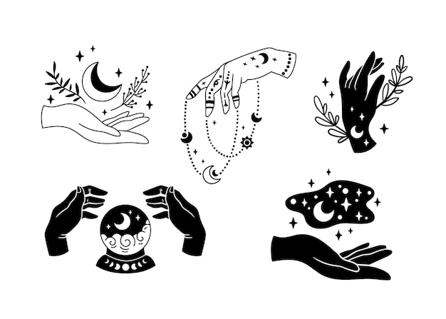 Vector witch hands and mystical boho moon cliparts celestial witchy crescent moon and flowers