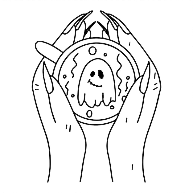 Witch hands with cup of hot poison doodle style Vector illustration isolated on white Coloring page