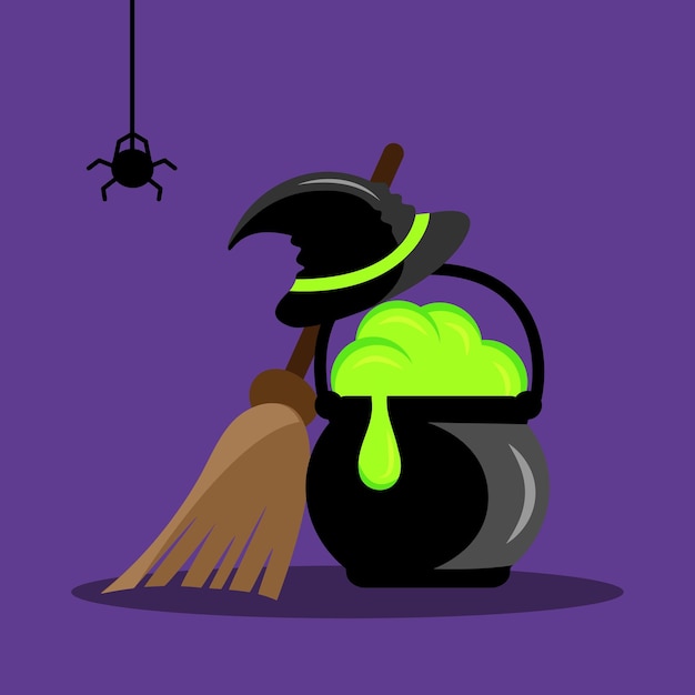 Witch hat, bowler and broom. Halloween elements.Cauldron of a boiling green witch potion and a broom