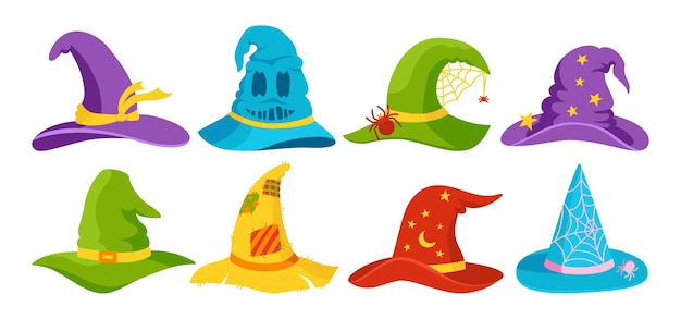 Witch hat halloween flat cartoon set party magic hats horror wizard headdress celebrate element