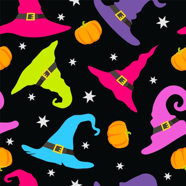 마녀 모자, 호박과 별, 질없는 패턴, 귀여운 마법사 모자, 할로윈 휴일 기호 패턴
