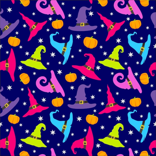 Cappello da strega, zucche e stelle, motivo senza giunture simpatici cappelli da mago modello con simboli per le vacanze di halloween