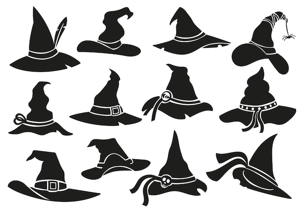 Вектор Иконки трафарета шляпы ведьмы хэллоуин силуэт шапки волшебницы волшебника и жуткие страшные маскарадные шляпы векторный набор