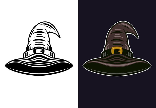 Vector witch hat in two styles monochrome on white and colored on dark background vector illustration