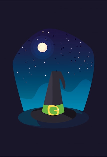 Witch hat with moon in scene of halloween