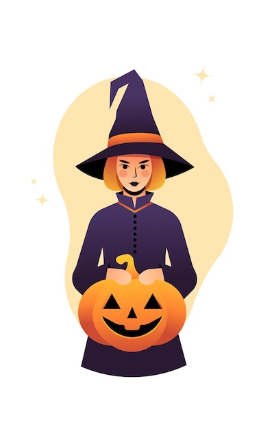 witch in a hat with a pumpkin in her hands