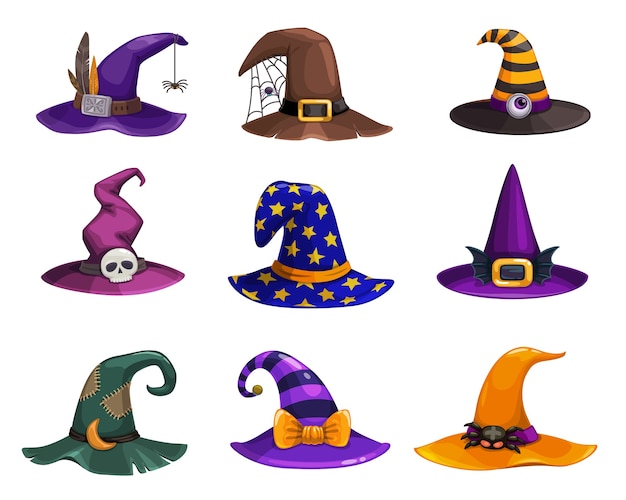 Witch hats, cartoon wizard headwear, traditional magician caps decorated with spider web, furthers, stripes or stars for sorceress or astrologer. Halloween party costume hats isolated set