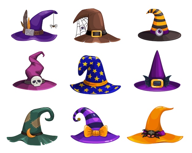 Witch hats, cartoon wizard headwear, traditional magician caps decorated with spider web, furthers, stripes or stars for sorceress or astrologer. halloween party costume hats isolated set