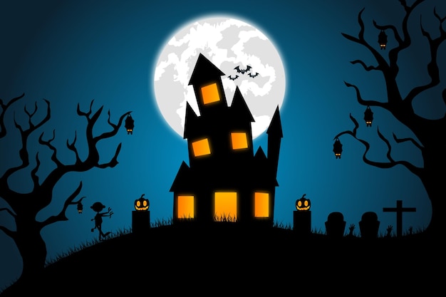 Witch and haunted house on a full moon night halloween  background