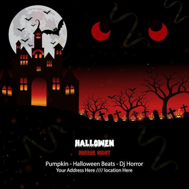 Witch and haunted house on a full moon night Halloween banner design template 06