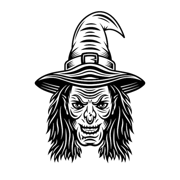 Witch head in hat and with long hair vector illustration in vintage monochrome style isolated on white background