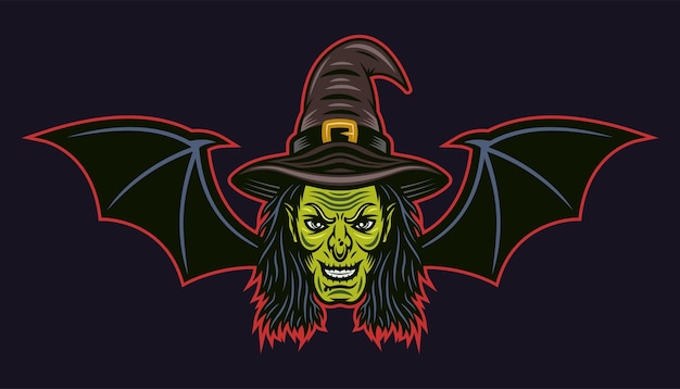 Witch head with bat wings vector colored cartoon style illustration isolated on dark background