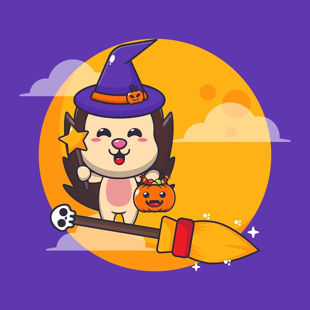 witch hedgehog fly with broom in halloween night