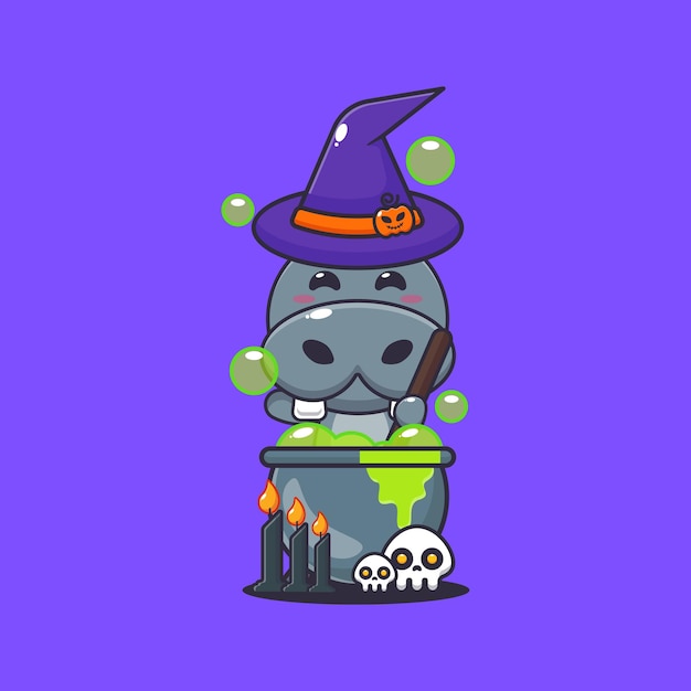 witch hippo making potion in halloween day