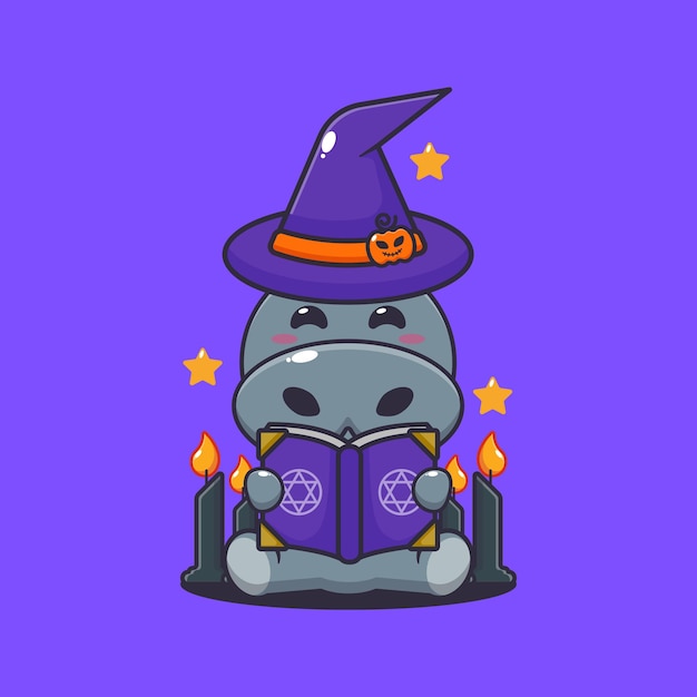 witch hippo reading spell book in halloween day