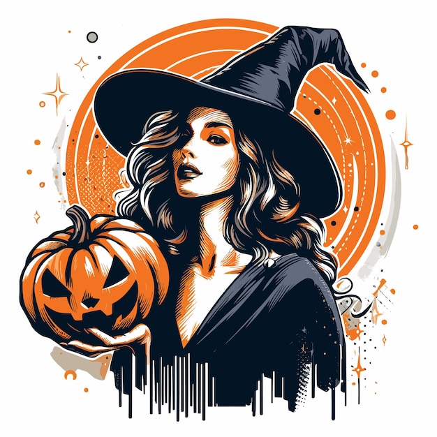 Witch holding a pumpkin on Halloween