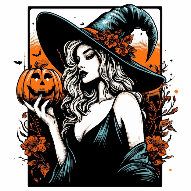 Vector witch holding a pumpkin on halloween