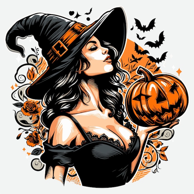 Vector witch holding a pumpkin on halloween