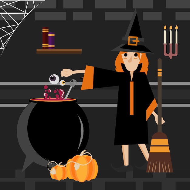 The witch is adding eyeballs into the cauldron