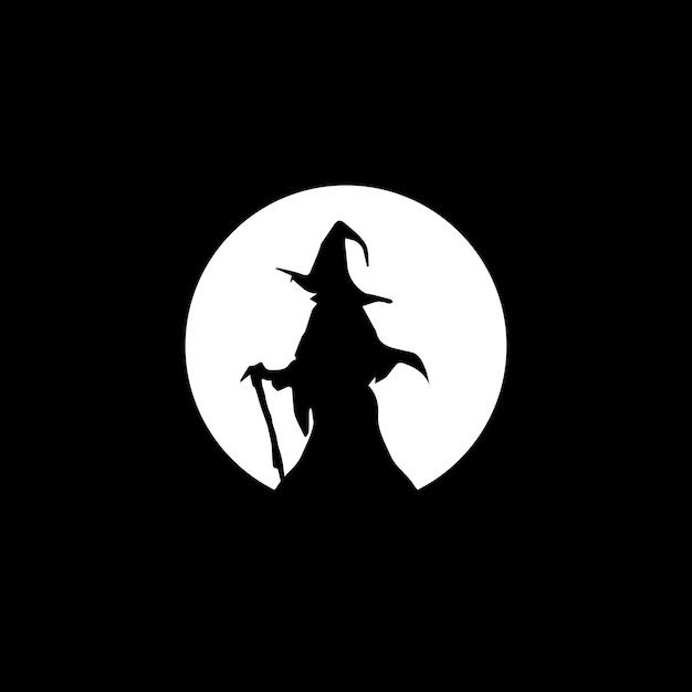 Значок логотипа ведьмы волшебная шляпа дизайн талисмана персонажа волшебник фэнтези силуэт изолирован