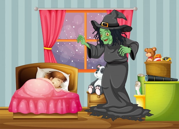 Vector a witch looking at the girl sleeping inside the room