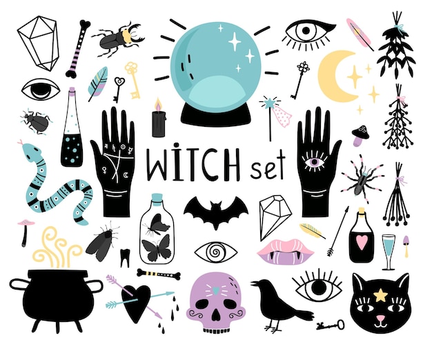 魔女の魔法の要素。魔法使いのための手描きのコレクション、魔術師のためのポーションと水晶玉の大釜、白い背景で隔離の黒い魔術のベクトルイラストコンセプト