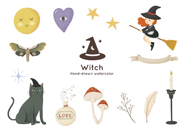 Witch and magic elements hand-drawn watercolor illustration