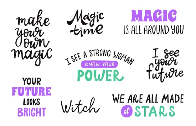 Vector witch magic mystical lettering set witchcraft phrases and quotes