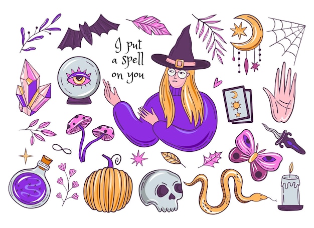 Vector witch magic set hand drawn witchcraft elements collection isolated