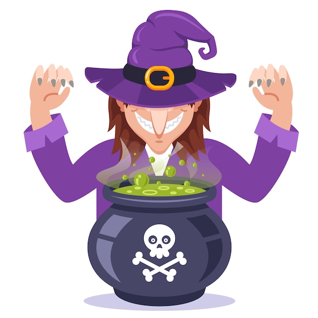 Witch prepares a potion in an iron pot