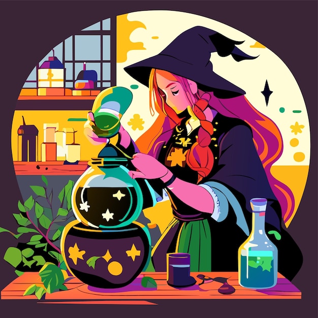 Vector witch preparing a potion hand drawn cartoon sticker icon concept isolated illustration