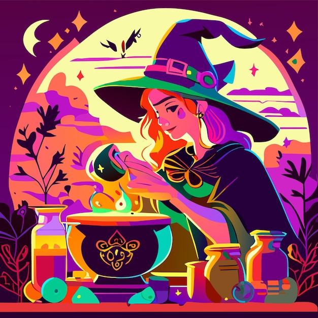 Vector witch preparing a potion hand drawn cartoon sticker icon concept isolated illustration