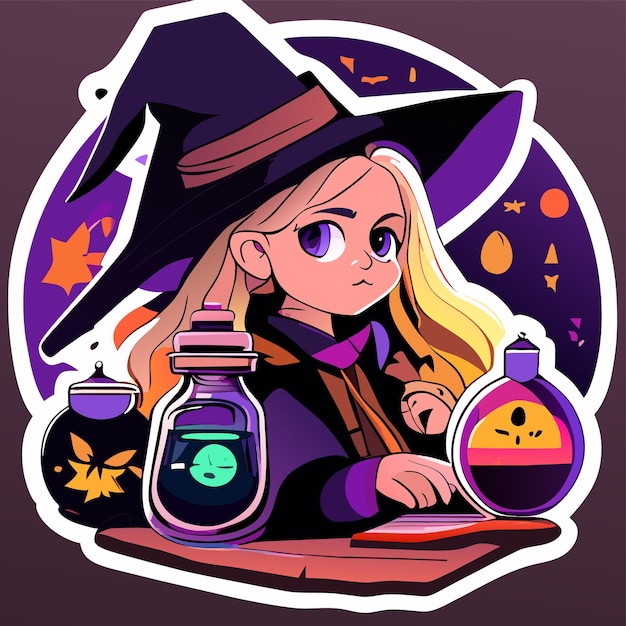 Witch preparing a potion hand drawn cartoon sticker icon concept isolated illustration