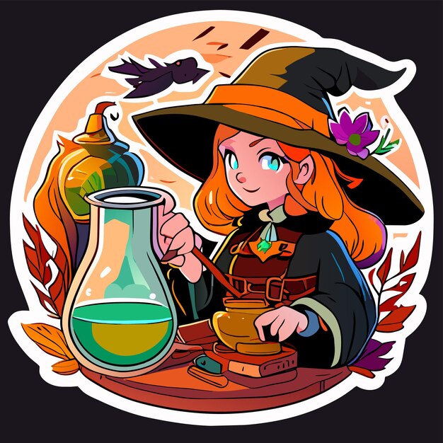 Witch preparing a potion hand drawn cartoon sticker icon concept isolated illustration