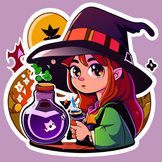 Vector witch preparing a potion hand drawn cartoon sticker icon concept isolated illustration