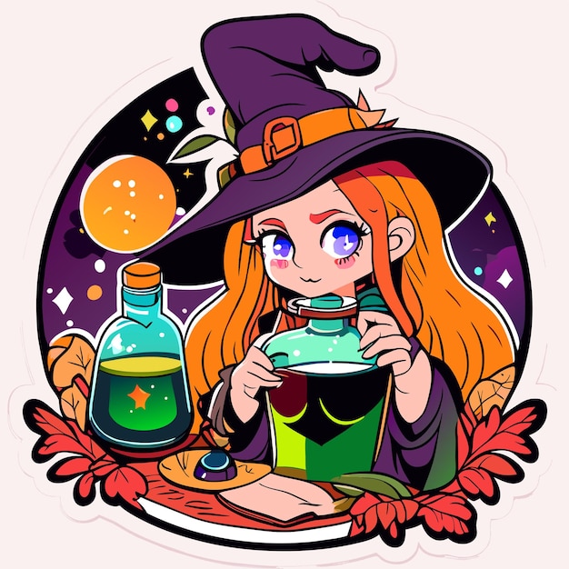 Witch preparing a potion hand drawn cartoon sticker icon concept isolated illustration