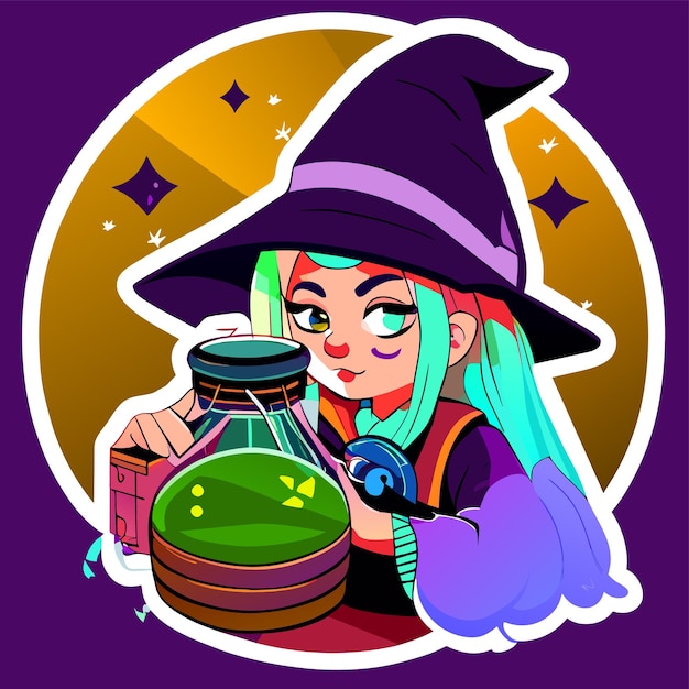 Witch preparing a potion hand drawn cartoon sticker icon concept isolated illustration