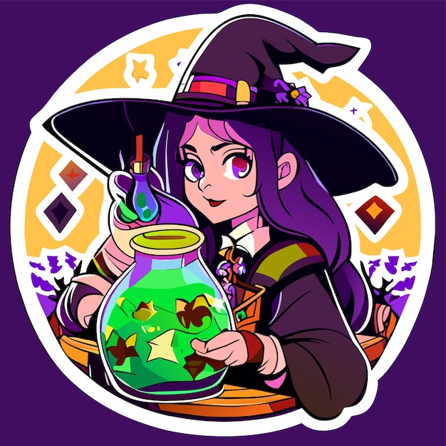 Witch preparing a potion hand drawn cartoon sticker icon concept isolated illustration