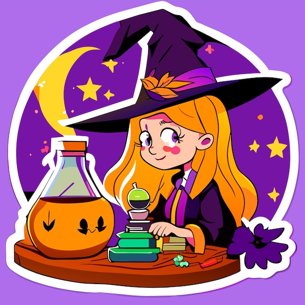 Witch preparing a potion hand drawn cartoon sticker icon concept isolated illustration