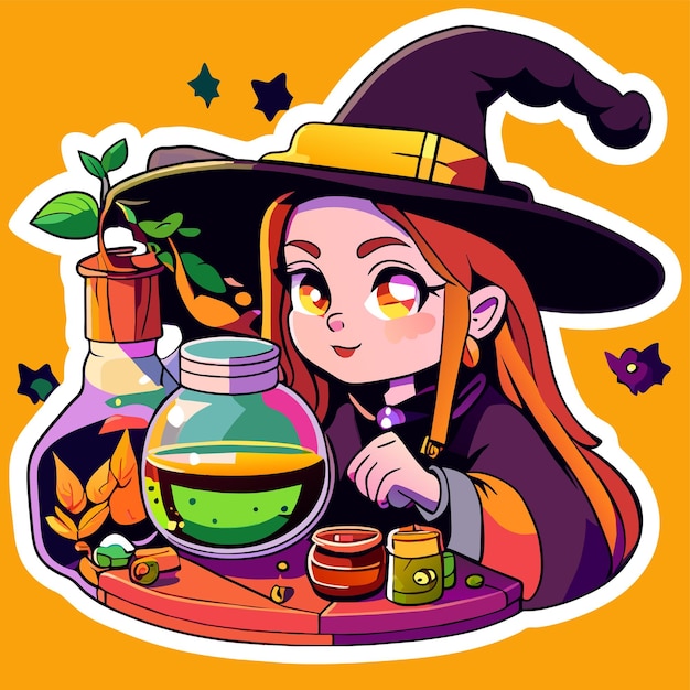 Witch preparing a potion hand drawn cartoon sticker icon concept isolated illustration