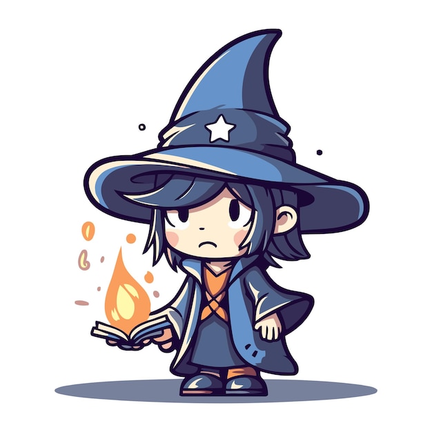 Una strega che legge un libro un simpatico personaggio dei cartoni animati illustrazione vettoriale