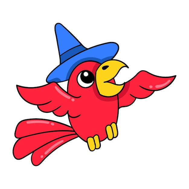 Witch red bird flying into the sky doodle icon image kawaii