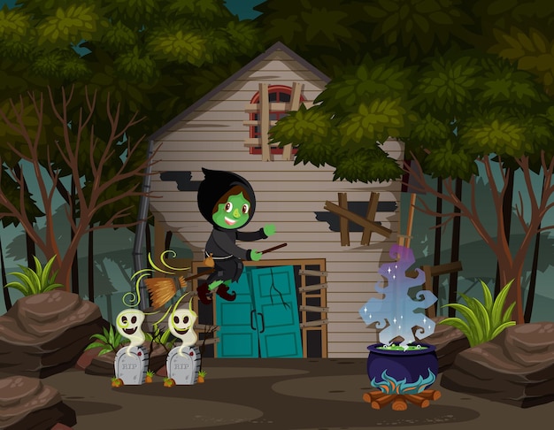 Witch riding a broom in front of haunted house in the woods