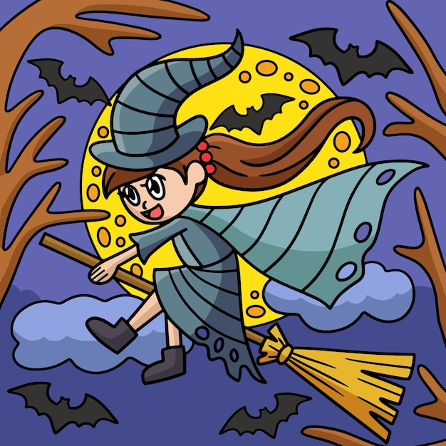 Witch Riding On A Broom Halloween Colored Cartoon