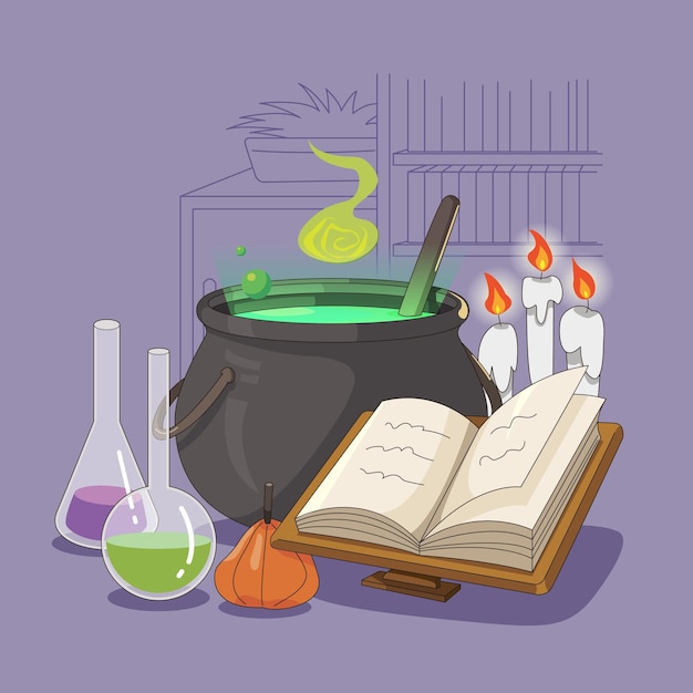 Witch room with magic pot recipe book flasks fruit candle light bookshelf background